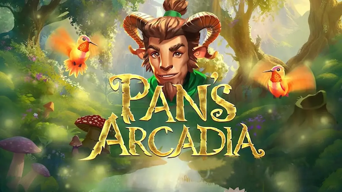 Cenário mágico e onírico do slot Pan's Arcadia com árvores imponentes e elementos místicos.